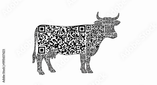 Silhouette of a cow composed entirely of various QR codes