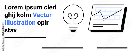 Business strategy, innovative ideas, data analysis, presentations, decision-making, creative insights. A light bulb and analytics chart showing data and progress. Business strategy and innovative