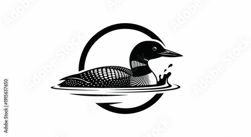 Silhouette of a common loon swimming in water with a circular accent