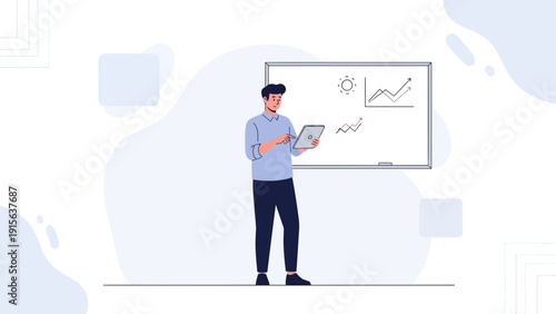 Man presenting financial data on whiteboard with tablet, business growth concept