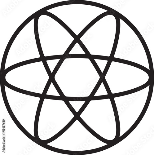 An intricate black outline of a geometric sphere with intersecting orbits on a white background