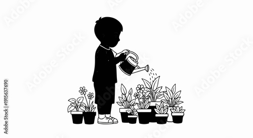 Silhouette of a child watering potted plants with flowers and leaves