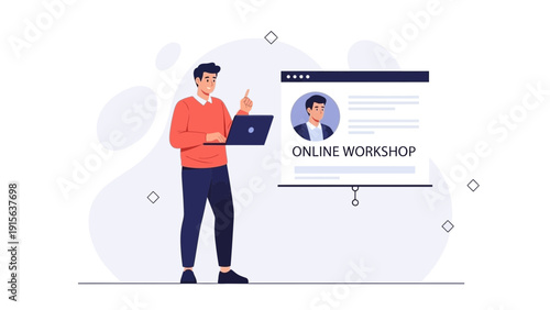 Man Presenting Online Workshop on Laptop, Digital Learning Concept