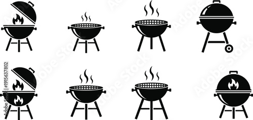 Barbecue grill silhouette vector icons, black cooking designs, outdoor BBQ artwork, flame grill illustration, portable grill symbol, food preparation graphic