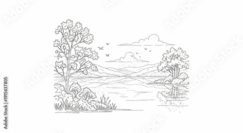 Serene lake scene with trees, mountains, birds, and clouds