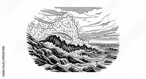 Rough ocean waves crash against rocky shore under cloudy sky with birds