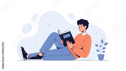 Man Reading Book Relaxing on Floor with Plant, Casual Leisure Lifestyle