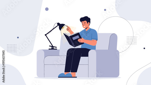 Man Reading Book Under Lamp Sitting on Sofa, Cozy Home Lifestyle