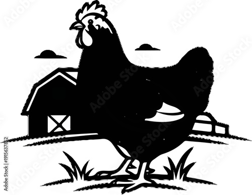 Silhouette of a chicken standing in front of a barn under a cloudy sky