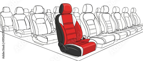 Red and black car seats arranged in rows