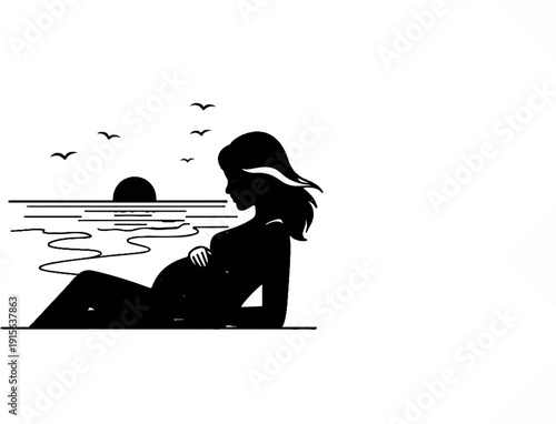 Pregnant silhouette rests by the ocean at sunset with birds flying