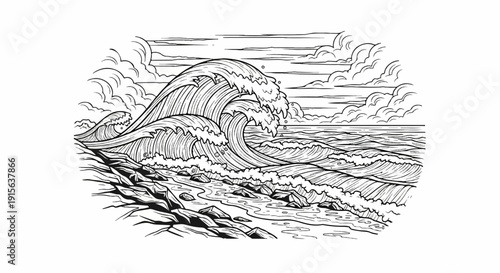 Powerful ocean waves crashing onto a rocky shore under a cloudy sky