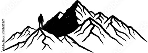 Silhouette of a lone climber atop a jagged mountain peak