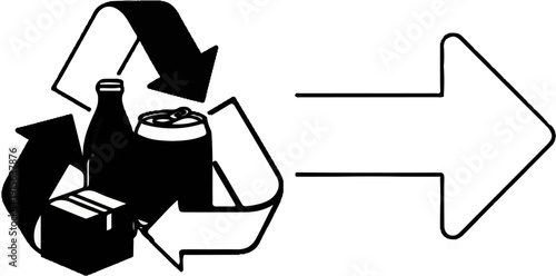 Recycling symbol with bottle, can, and box leads to large arrow