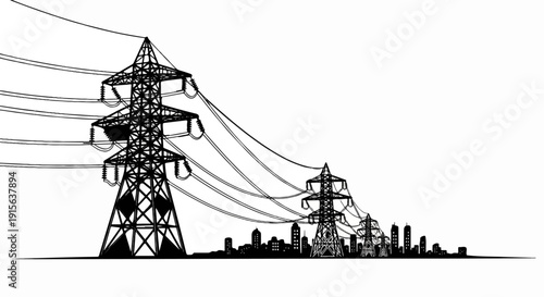 Power lines stretch across a stylized cityscape, connecting distant energy