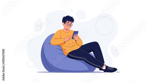 Man Relaxing on Bean Bag Chair Using Smartphone, Modern Flat Illustration