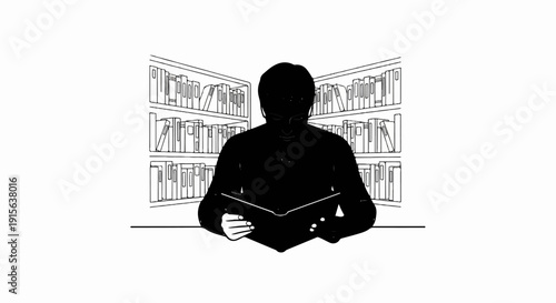 Person reading a book in a library with shelves of books in the background