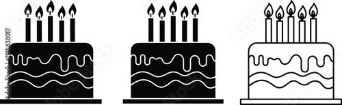 Birthday cake vector illustration, black silhouette cakes, outline cake design, lit candles artwork, celebration icon, party dessert graphic, festive decoration