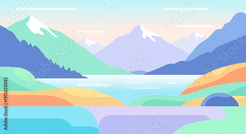 Serene mountain lake landscape with gentle slopes and pastel sky