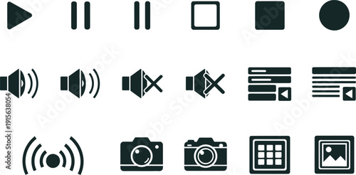 A collection of black and white media control and playback icons on a white background