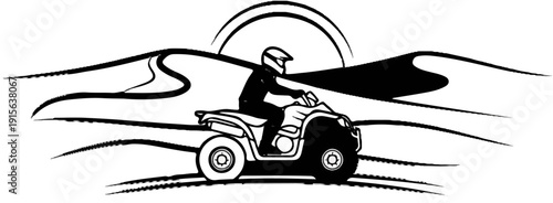 Person riding a quad bike through sand dunes under a sun-like arch