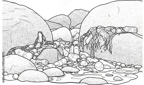 Plastic bottles litter a rocky stream bed with flowing water