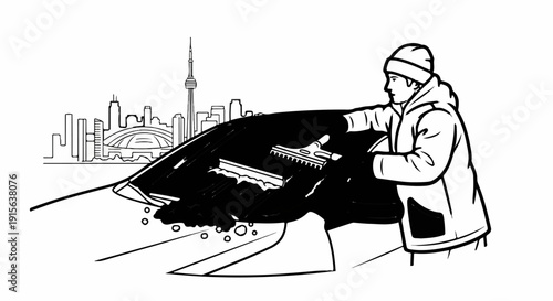 Person scrapes ice off car windshield with cityscape in background