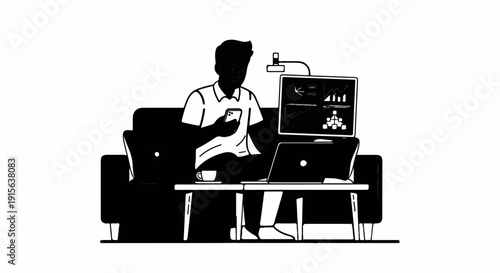 Person sitting on couch, using phone, laptop, and monitor with charts