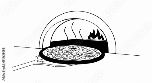 Pizza with toppings on a peel, ready for an arched wood-fired oven