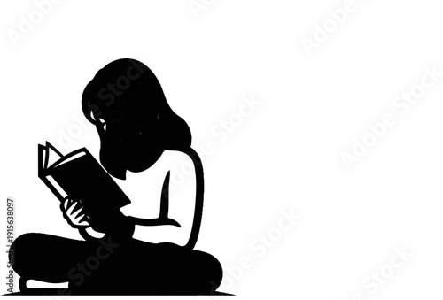 Person sitting cross-legged reading a book in a simplified black and white style