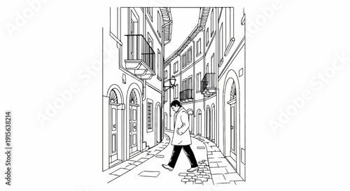 Person walks down a cobblestone alley lined with buildings