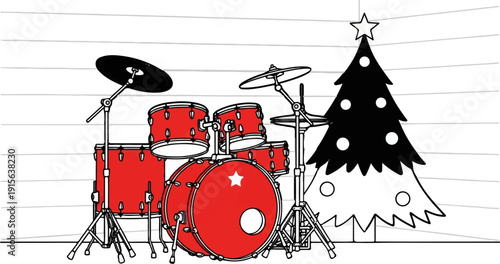 Red drum kit and festive tree displayed on a lined background