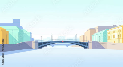 Pixelated city scene with a bridge over a calm body of water and buildings
