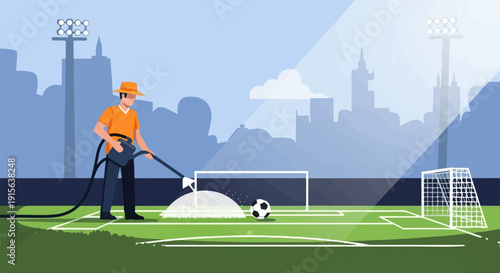 Person watering a soccer field with a watering can, cityscape background