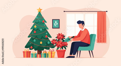 Person waters poinsettia near decorated Christmas tree and gifts indoors