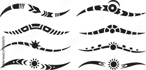 Collection of various black tribal border elements featuring sun shapes and intricate patterns on a white canvas