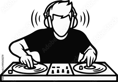 Person wearing headphones and mixing music on turntables
