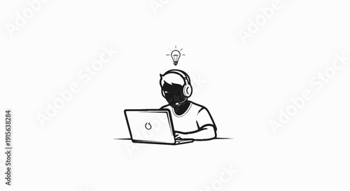 Person wearing headset, using laptop, with a lightbulb indicating an idea