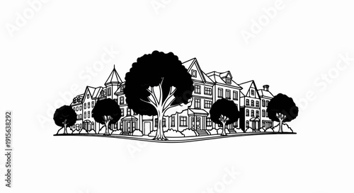 Row of diverse houses with trees lining a street, black and white sketch