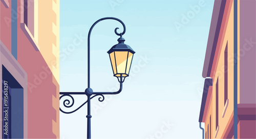 Pixel art street lamp illuminates buildings under a clear sky