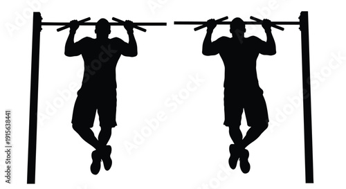 Two men exercising by doing pull ups on a pull up bar