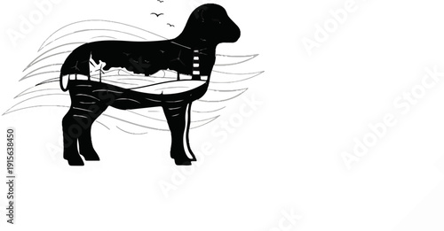 Silhouette of a lamb with a landscape of hills and windmills within