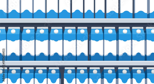 Rows of blue and white cartons with wavy liquid tops on shelves