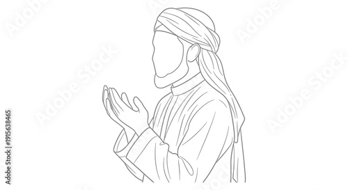 A black and white line drawing depicts a man wearing a turban and traditional clothing with hands clasped in prayer or supplication