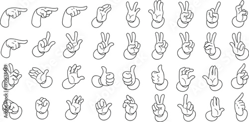 Cartoon hand gestures collection, pointing counting thumbs up signs, comic style outline icons, vector illustration, isolated symbols set, design pack