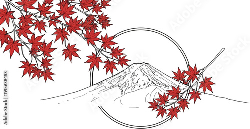 Red maple leaves frame a sketch of a snow-capped mountain peak