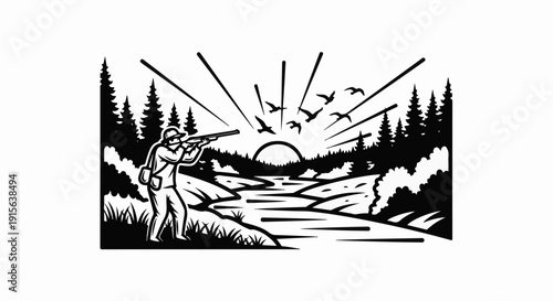 Silhouette of a hunter aiming a rifle at birds near a river at sunrise