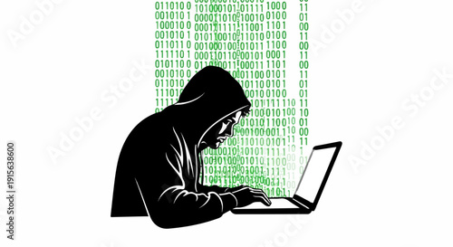 Silhouette of a hooded figure typing on a laptop with binary code displayed