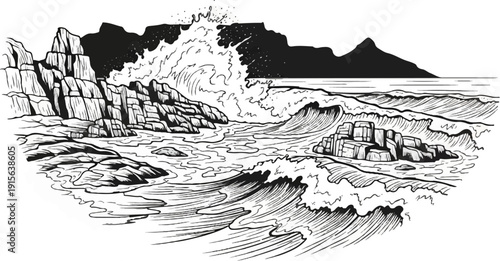 Rugged coastline with crashing waves and distant mountains