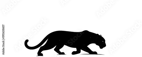 Silhouette of a black panther walking stealthily on a white background